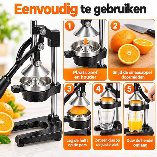 Handmatige Citruspers met Hendel – Professionele Sinaasappelpers – Granaatappelpers en Citroenpers – RVS Zeef – Stevige Metalen Fruitpers – Antislip Handgreep – Zwart/Zilver — afbeelding 2
