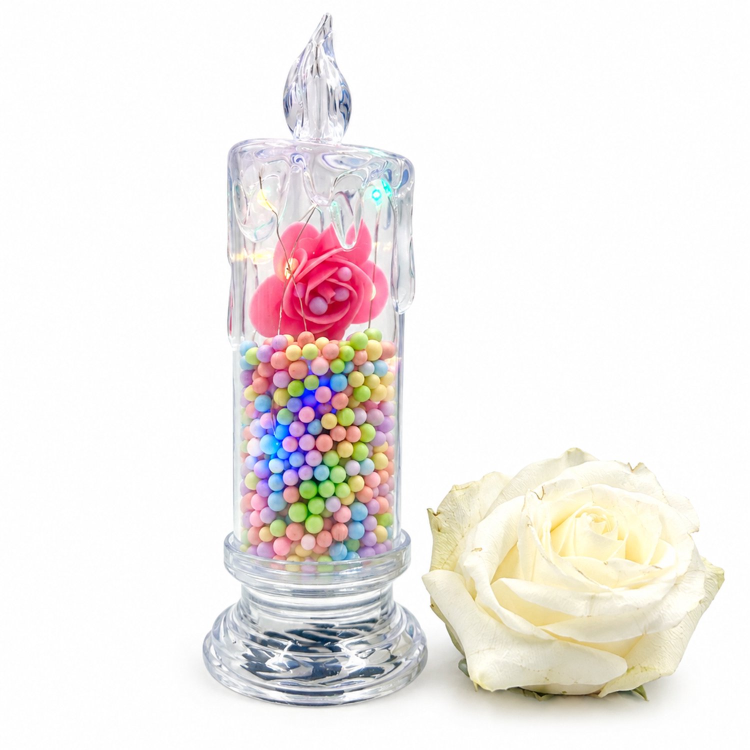 SWGOTA led kaarsen - decoratieve kaarslamp met kunstroos, 6,5 x 18 cm, transparant druppelontwerp en voet, in individuele kleurendoos