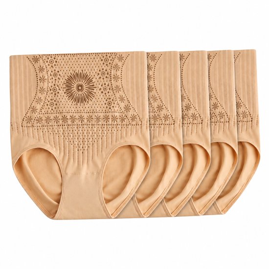 Vijf beige corrigerende slips met hoge taille en gedetailleerd bloemmotief.