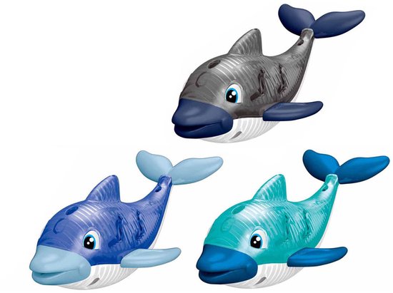 Drie plastic dolfijnen, één grijs, één blauw en één turquoise, op een witte achtergrond.