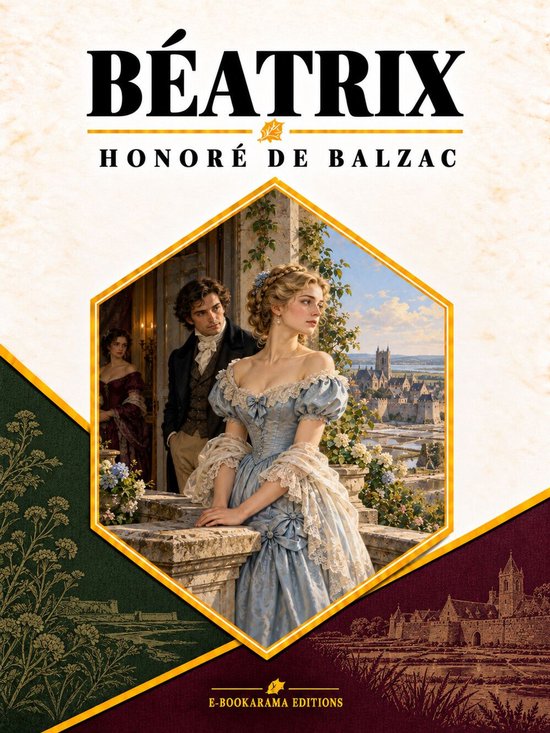 Boekomslag van Béatrix door Honoré de Balzac met een koppel in 19e-eeuwse kleding op een terras voor een kasteel.