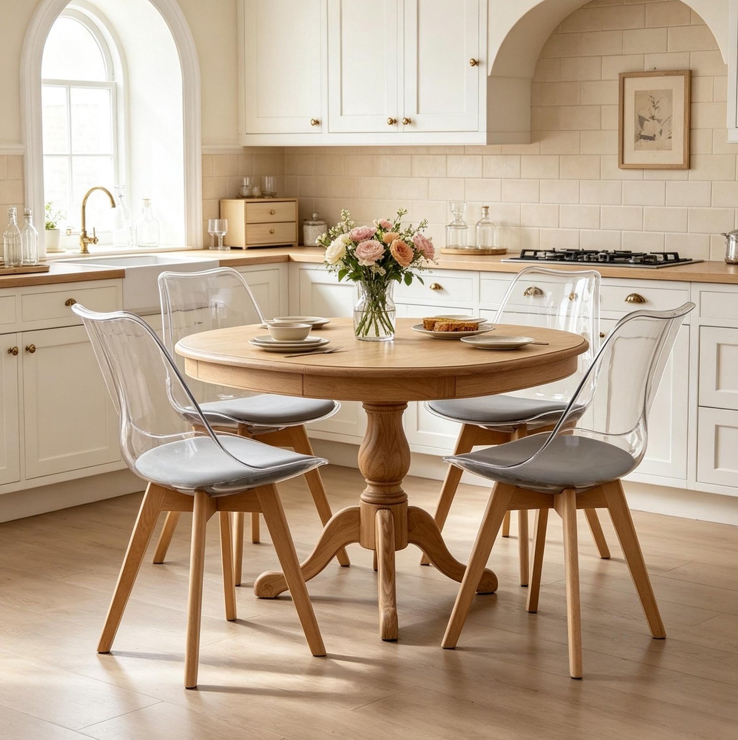STILVORA Eetkamerstoelen Set Van 4 83 Cm - Moderne Kuipstoelen Met Kunstleren Kussens - Voor Eetkamer, Keuken En Woonkamer - Hout, Kunststof En Grijs