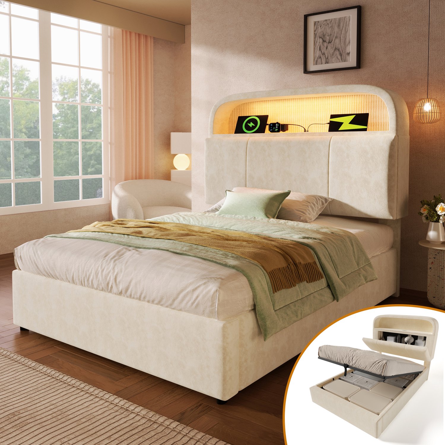 intebiki Gestoffeerd eenpersoonsbed 90x200 cm met in hoogte verstelbaar hoofdeinde met opbergruimte - hydraulisch bed met ledverlichting en USB/Type-C laadstation - fluweel - beige - incl. lattenbodem (exclusief matras)