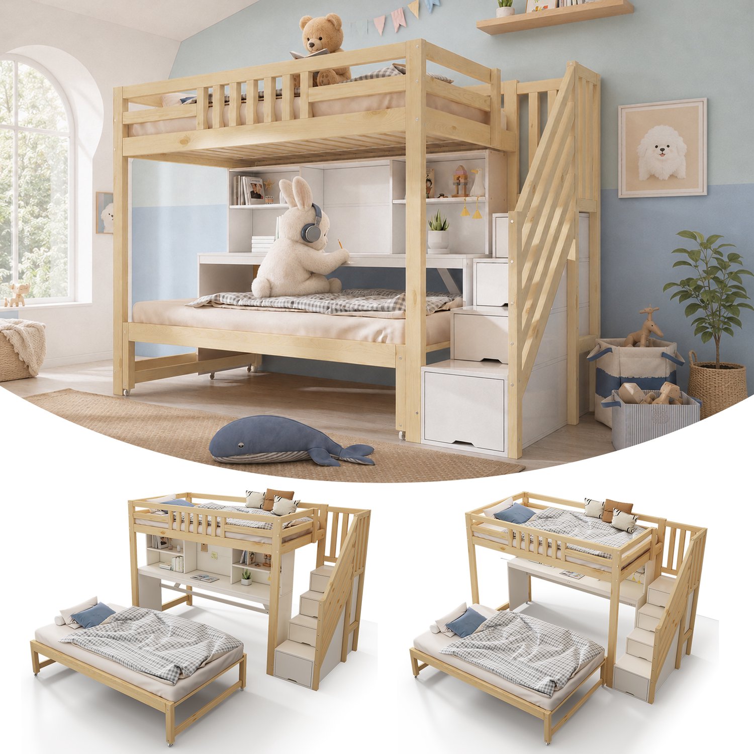 intebiki Kinderstapelbed 90x200 + 90x190 - houten hoogslaper met uitschuifbaar bed op wielen - verplaatsbaar bureau - trapkast en plank - EN 747-1:2024 - wit & eiken (exclusief matras) Eikenhout, wit