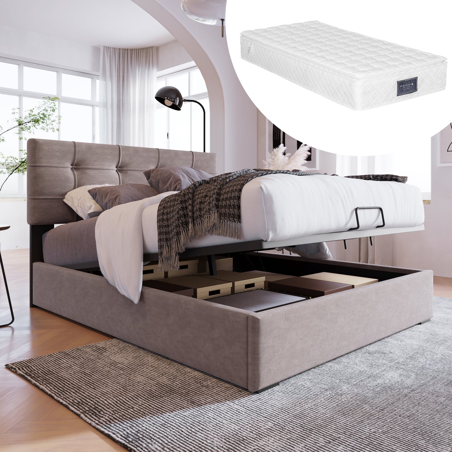 intebiki Hydraulisch eenpersoonsbed met stoffering - 90x200 cm - verstelbaar hoofdeinde - bed met metalen frame en lattenbodem - fluweel - modern bedframe met opbergruimte - lichtgrijs (matras inbegrepen)
