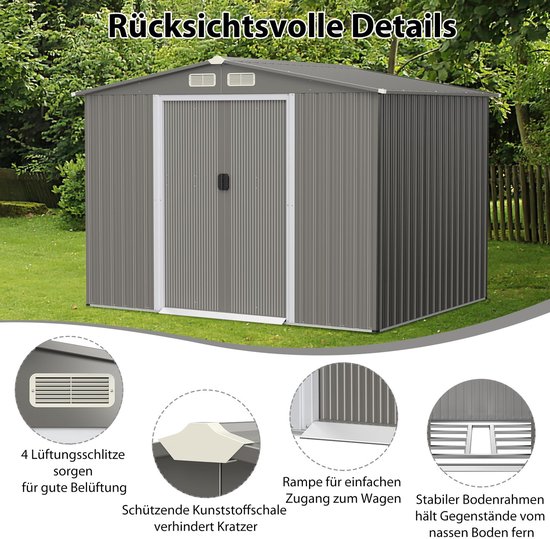 Grijze metalen schuur in tuin met details van ventilatie, beschermende hoeken, toegangshelling en bodemframe.