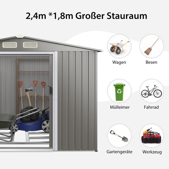 Grijze metalen tuinschuur van 2,4m x 1,8m met opbergvoorbeelden zoals een kruiwagen, fiets en tuingereedschap.