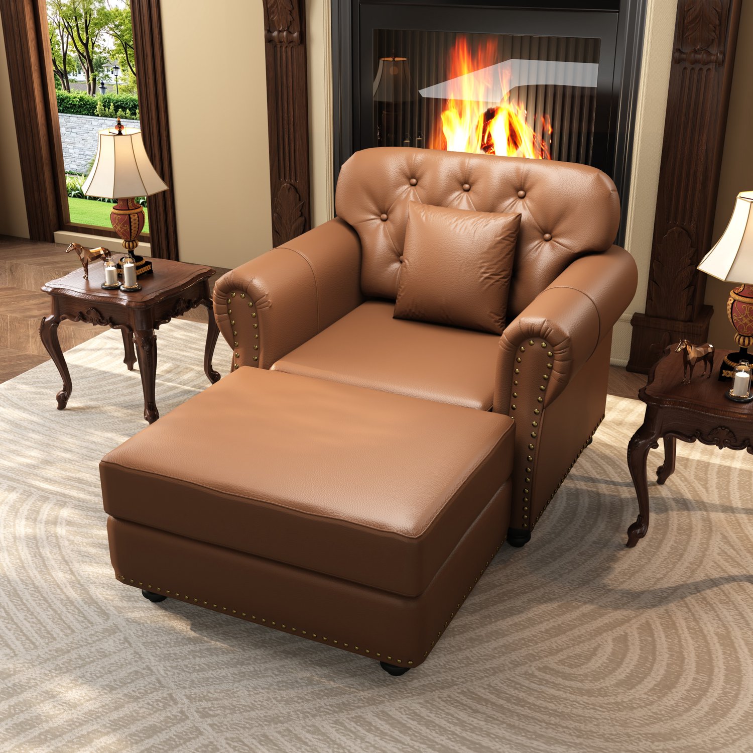 REDOM Chesterfield fauteuil 105x76x86 cm - Met hocker en kussen - Bruin