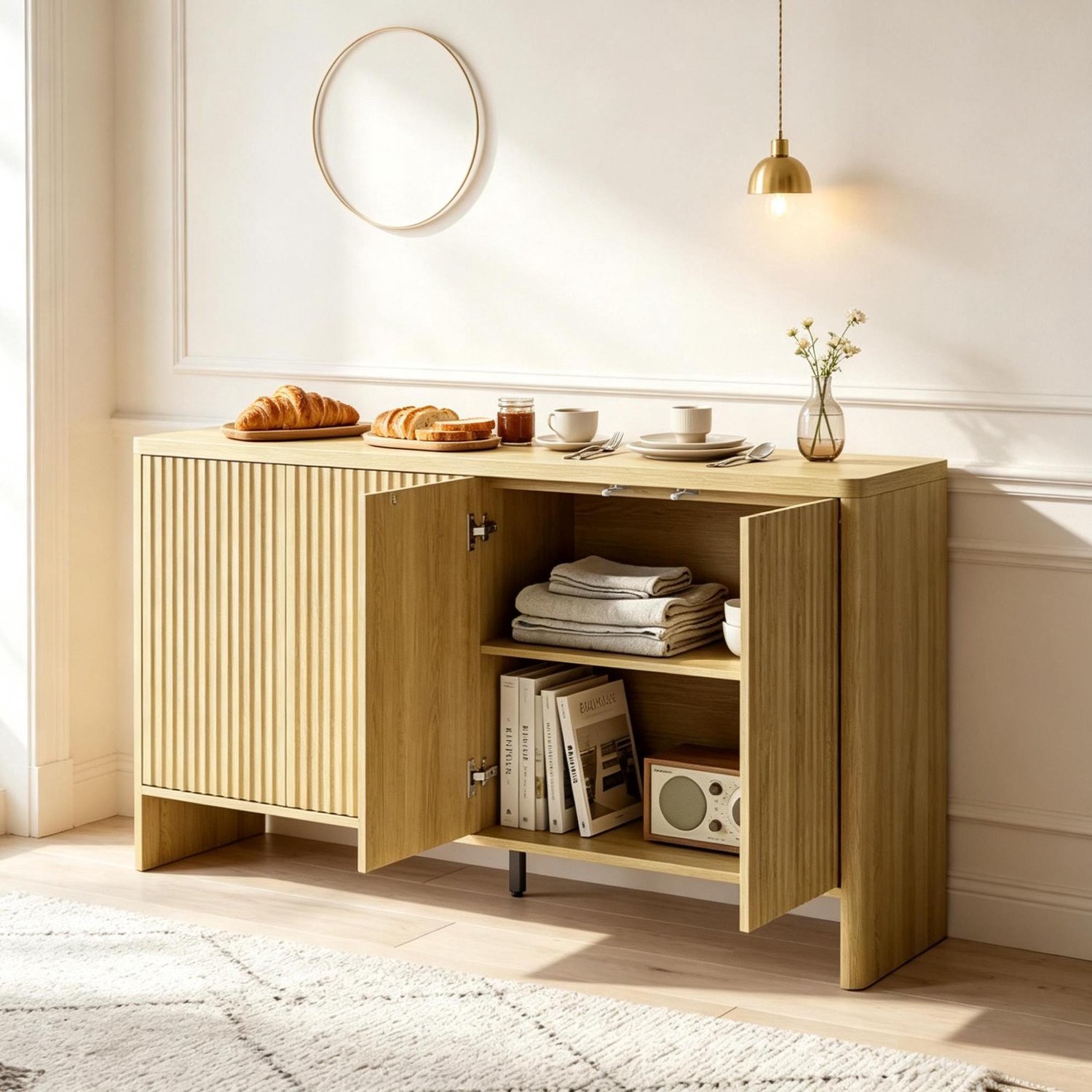 MODFU Dressoir - Push-To-Open - Verstelbare Planken - MDF - Eikenkleur - 147 X 40 X 77 Cm