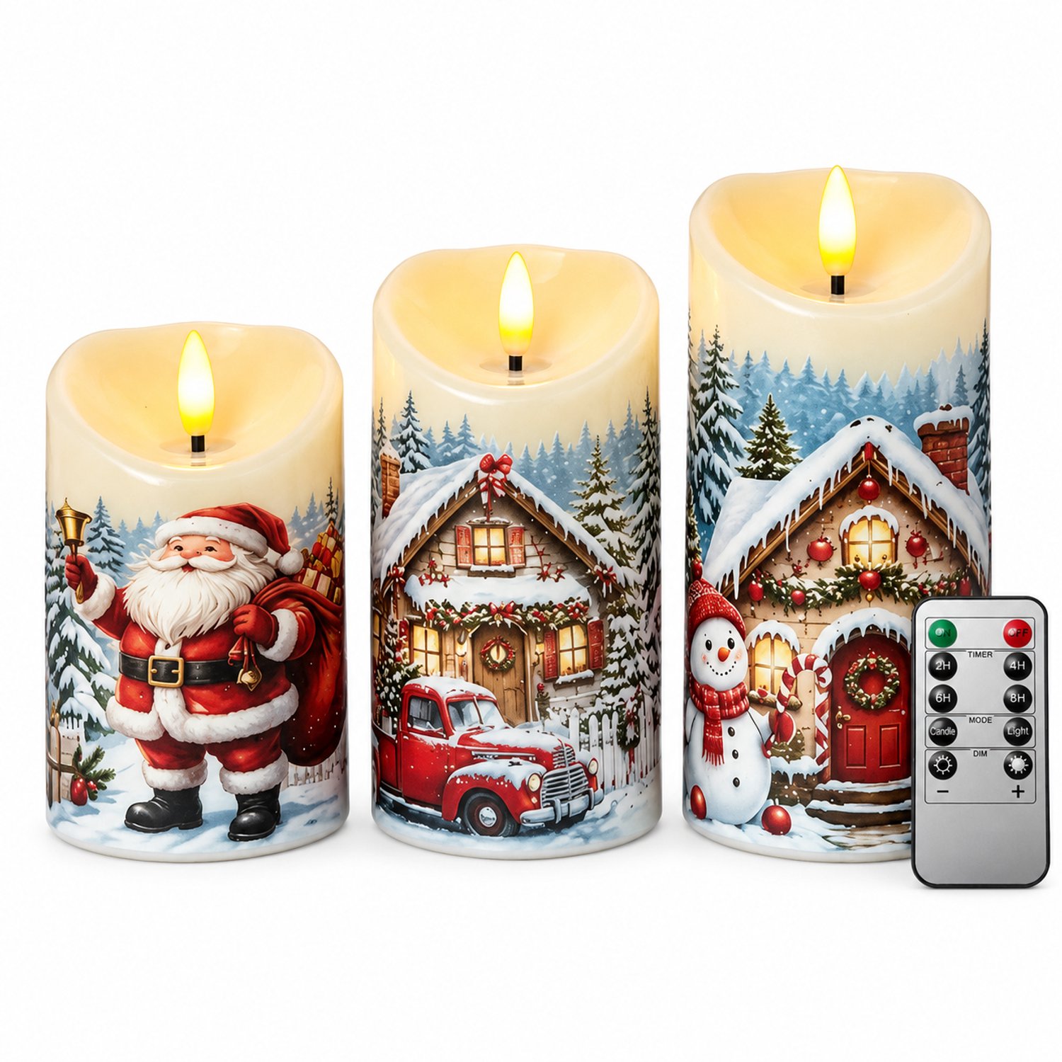 led kaarsen, set van 3 met afstandsbediening, sneeuwdecor en schuine bovenrand, warm licht, zonder batterijen