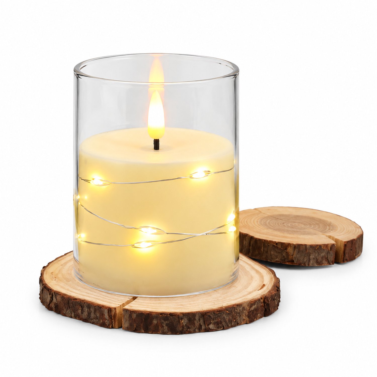 led kaarsen: LED-kaars 7,5 x 10 cm met puntvormige vlam, lichtsnoer en transparante cilinder voor tafeldecoratie
