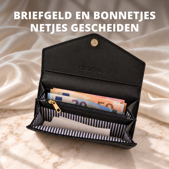 Zwarte leren portemonnee opengeklapt, toont vakken voor briefgeld en bonnetjes met een gestreepte voering.