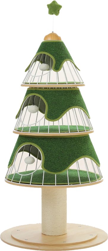 Groene krabpaal in kerstboomvorm met drie niveaus, witte speelballetjes en een ster aan de top.