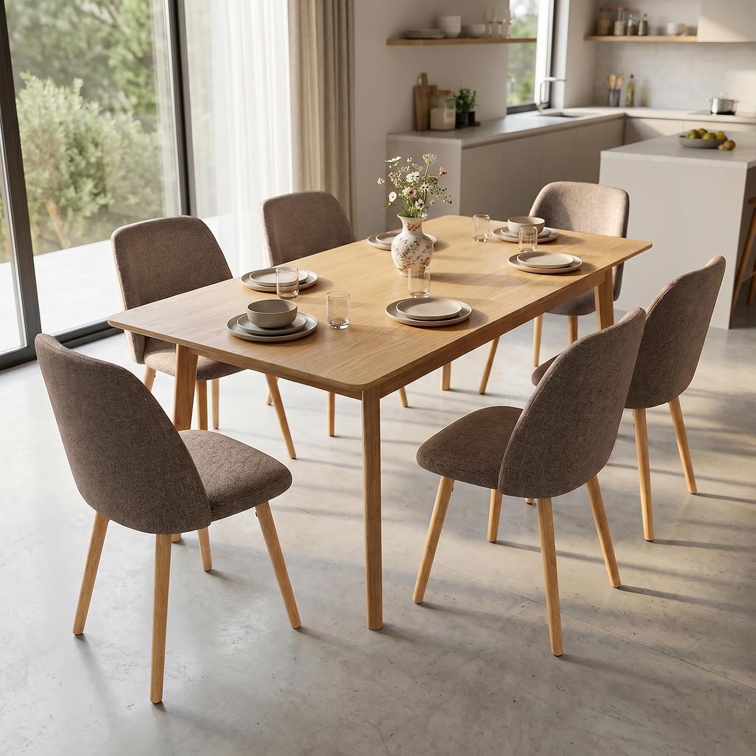 Luxe Eetkamerstoelen Mocha Comfort – Set van 6 Gestoffeerde Stoelen in Mokkabruin Linnenlook met Ergonomische Rugleuning en Massief Houten Poten, 54 x 45 x 83 cm