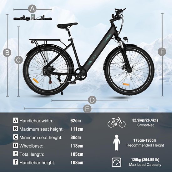 HITWAY BK18 - Elektrische Fiets - 27.5*2.8 Inch City Commuter EBike met Afneembare 36V 12Ah Lithium Batterij - Mountain E-Bike met 250W Motor - 7 Versnellingen - IP54 Waterdicht — afbeelding 4
