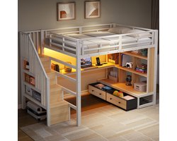 Hoogslaper - 140x200 cm - Met Bureau - Met Opbergtrap - Met Laden - Metaal en MDF - Wit