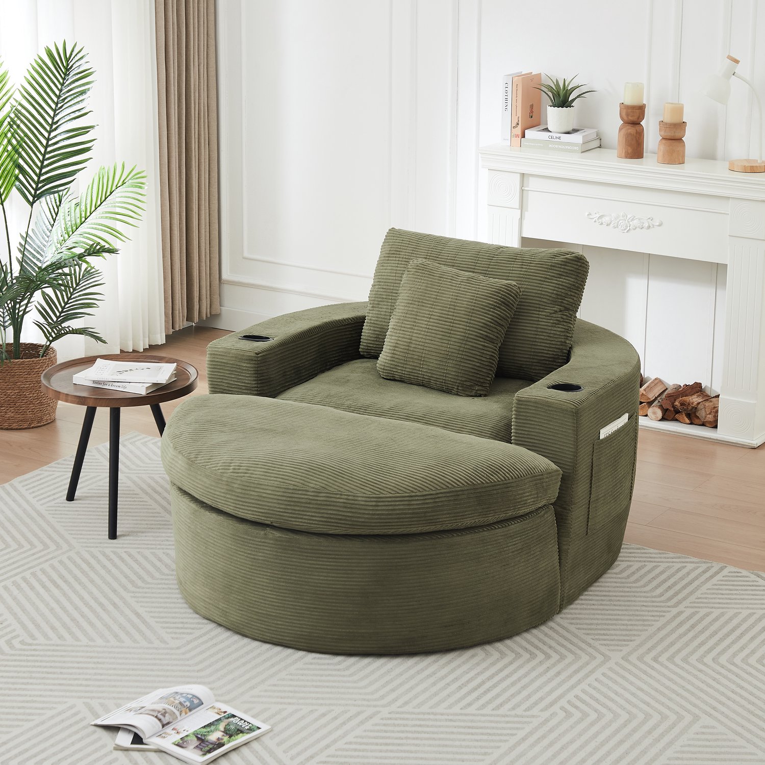 MIVRAY Fauteuil 156 x 136 cm - Verstelbare Hocker Met Bekerhouder En Opbergvakken - Voor Woonkamer En Leeshoek - Ribfluweel Groen