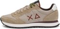 Zijaanzicht beige SUN68 sneaker met rood AX-logo, bruine accenten en een tweekleurige zool.