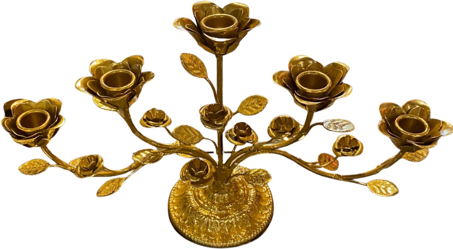 Mica Decorations Mica Kandelaar Goud 5-Arms B22 x H40 cm met Bloem – Gouden Kaarsenhouder – Decoratieve Tafeldecoratie