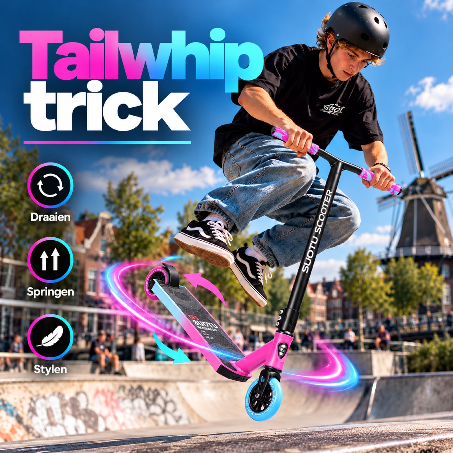 Suotu Stuntstep - Step - Kinderstep - Silent axle - Speelgoed Jongens/Meisjes - Maximale stuurhoogte: 78 cm - Aluminium -Blauw/Roze — afbeelding 9