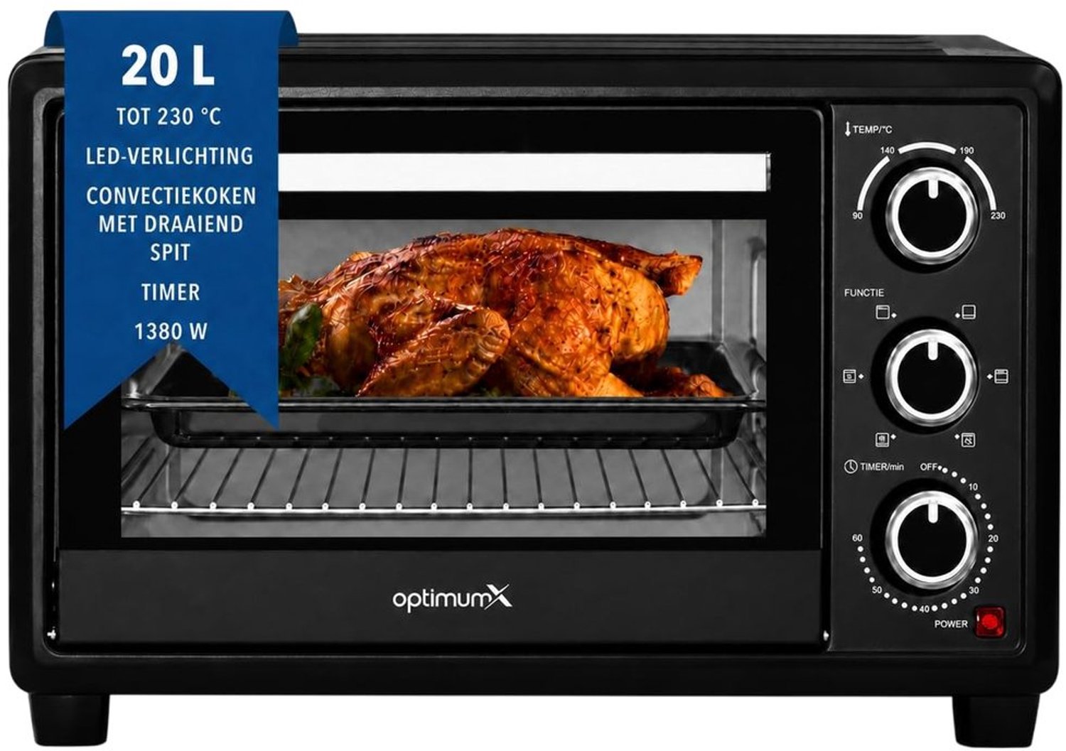 Mini Oven 20 Liter met Hete Lucht en 6 Bakfuncties 1380 W Zwart