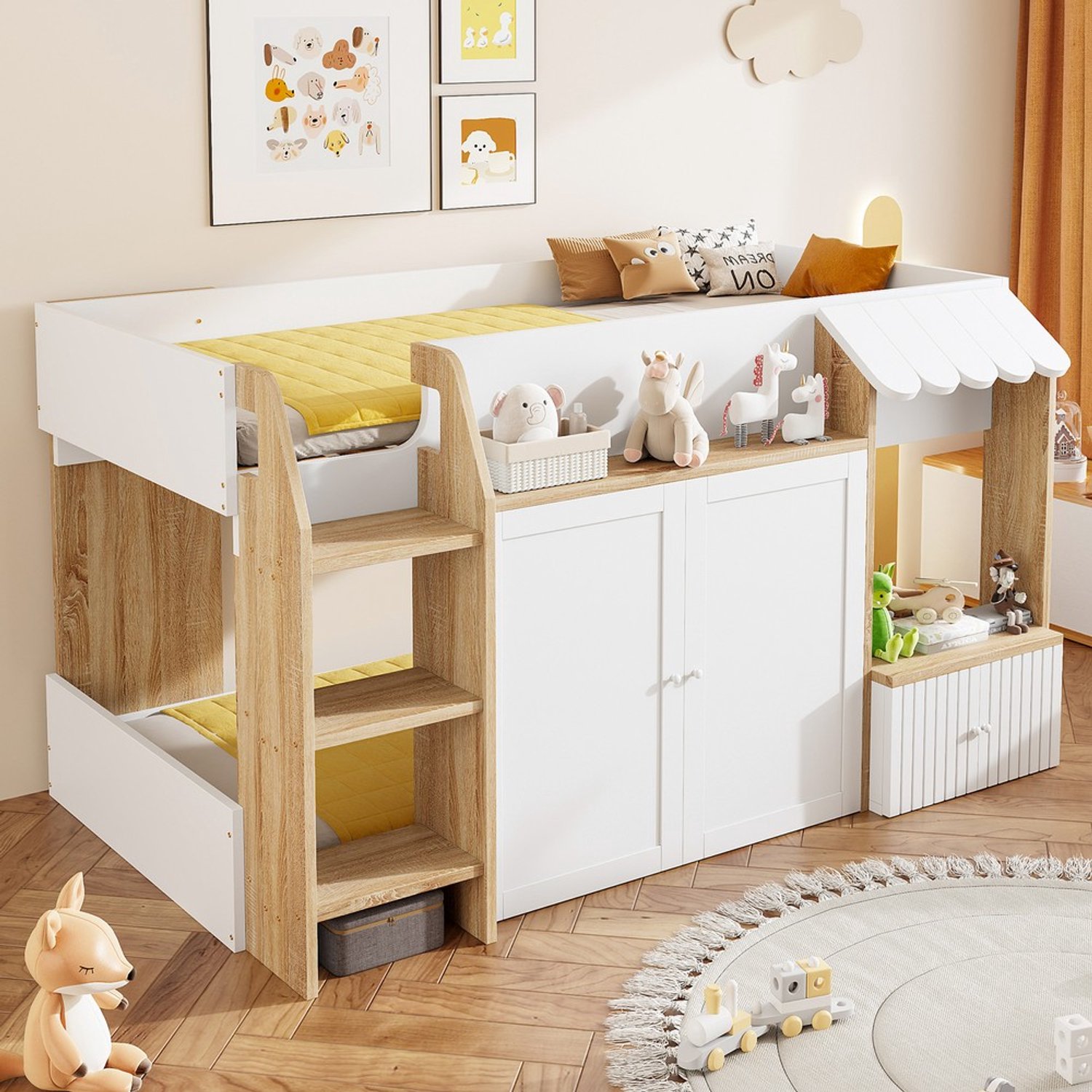KOMHTOM Kinder stapelbed - 90x200 cm - Massief hout - Houtkleur + Wit - Opbergruimte - Ladder Wit+Natuur
