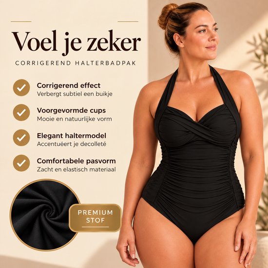 Model in zwart halterbadpak; tekst: Voel je zeker, corrigerend effect, voorgevormde cups, premium stof.
