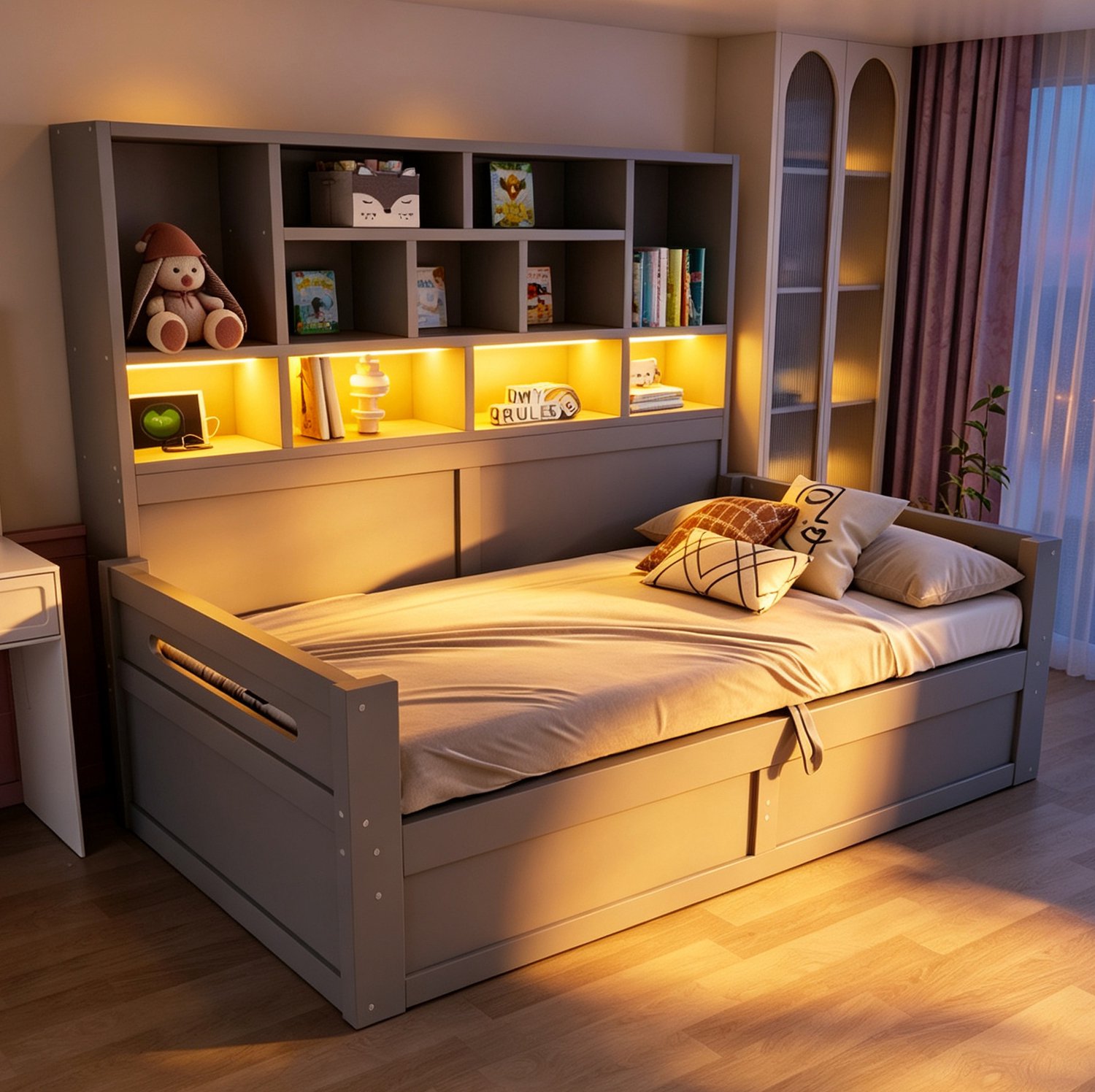 WUVRIE Slaapbank 90x200 cm - Hoofdbord met open vakken, LED en stopcontacten - 2 lades - Grijs