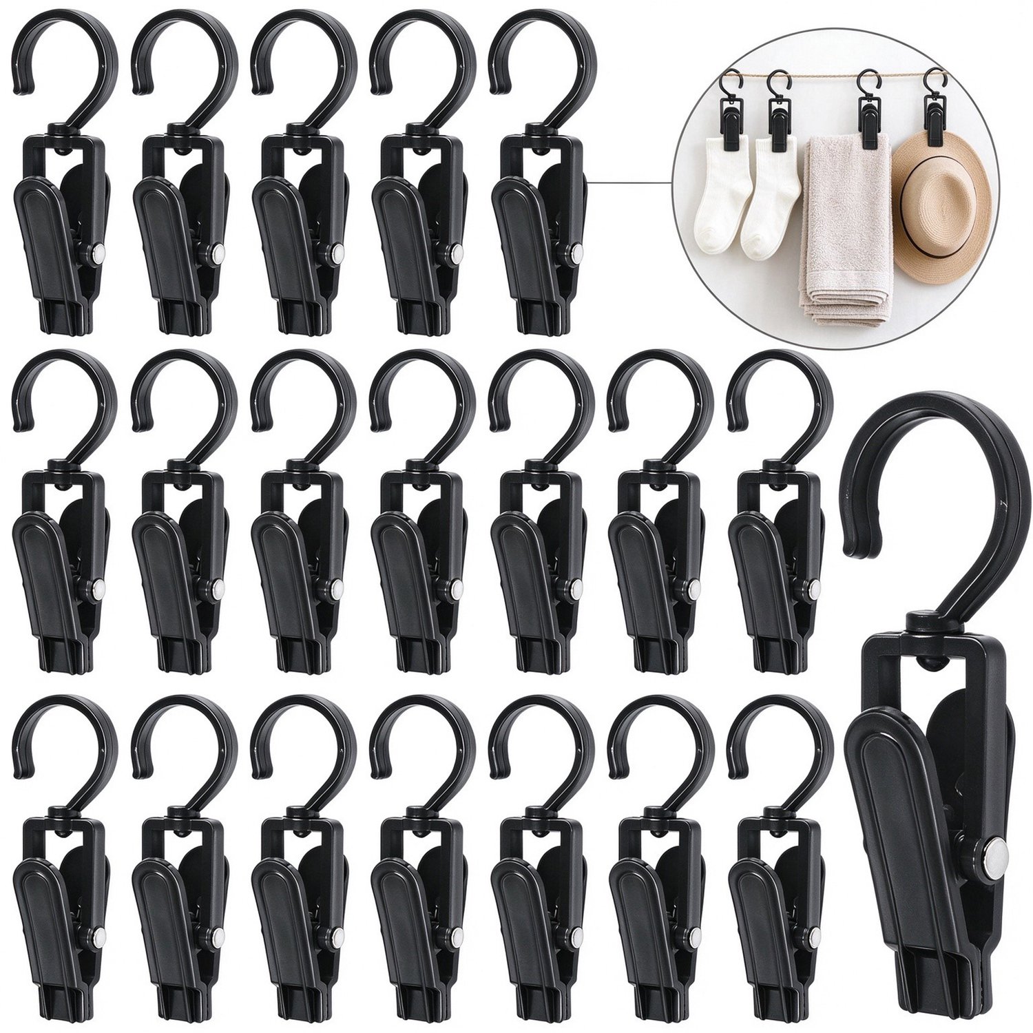 Lifhelpe Wasknijpers Met Haak - 20 Stuks - Antislip Ophangclips - Wasknijpers - Roestbestendig Kunststof - Voor Kleding, Handdoeken, Hoeden - Zwart