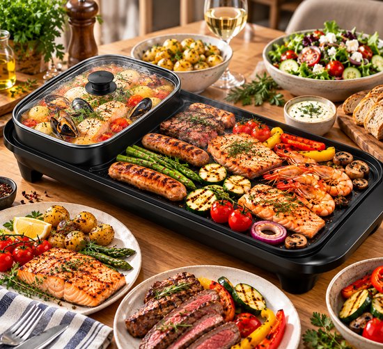 HAVOONA 2-in-1 Elektrische Tafelgrill met Hotpot – 1300W – 5 Temperatuurstanden – Grillplaat met Antiaanbaklaag – Glazen Deksel – Ideaal voor Gezellig Gourmetten — afbeelding 4
