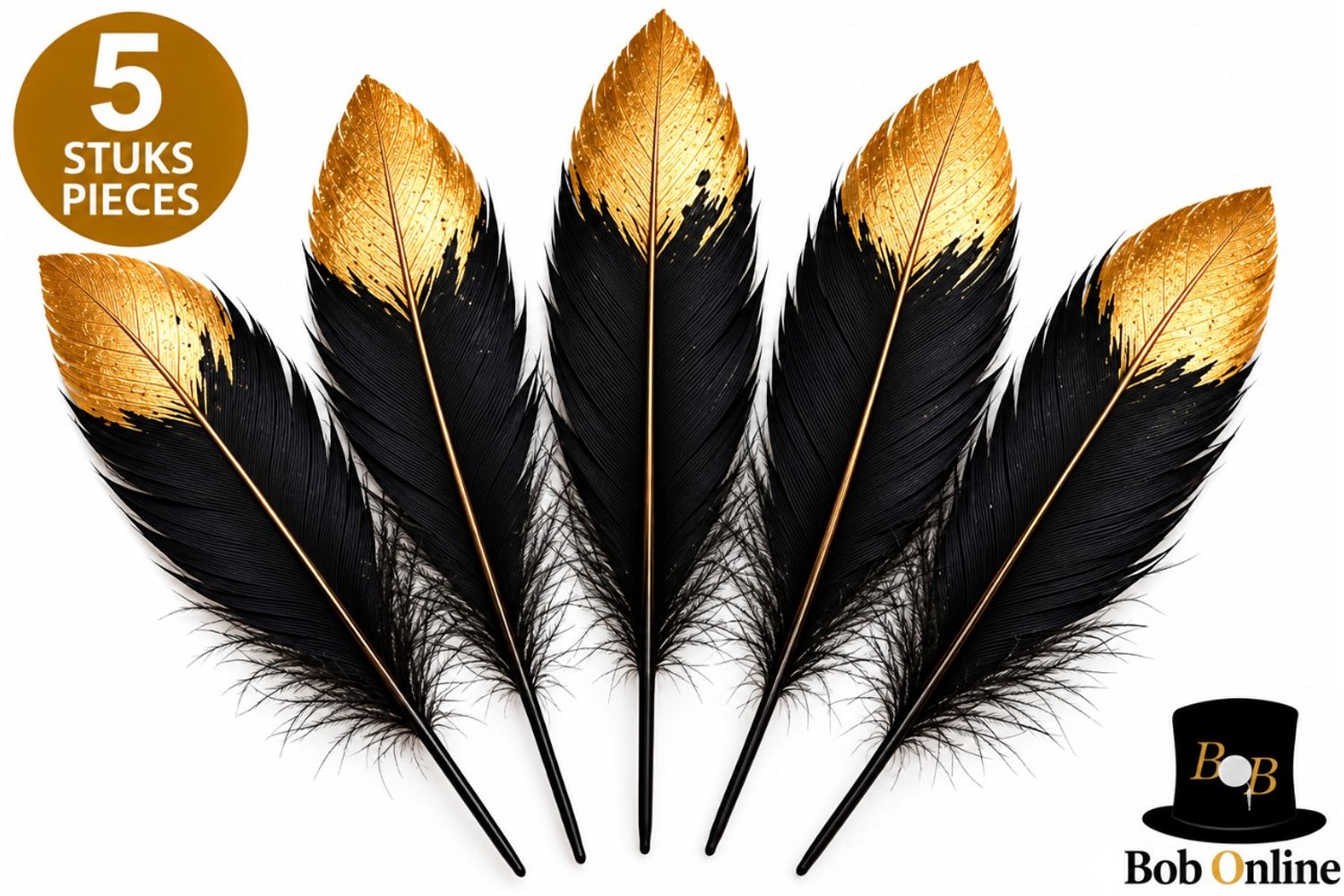 Bob Online™ Zwarte Veren met Gouden Punt – 20 cm – 5 Stuks – Decoratieve Veren voor DIY, Bruiloft, Feest, Tafeldecoratie & Knutselen - Black Feathers with Gold Tips