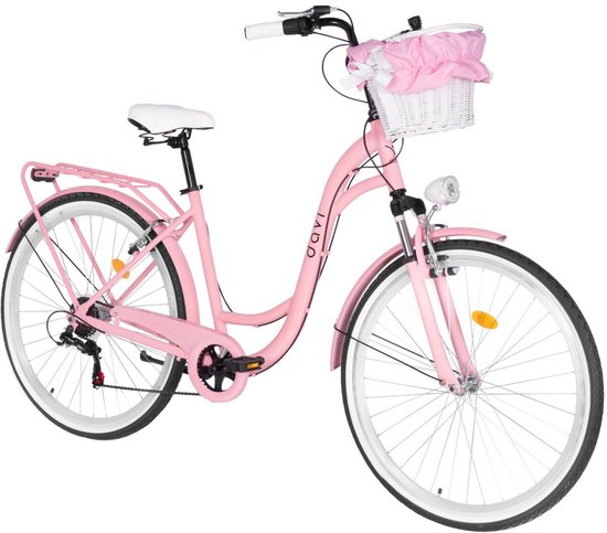 Roze Davi stadsfiets voor dames met witte mand, witte details, lage instap en 28-inch wielen.