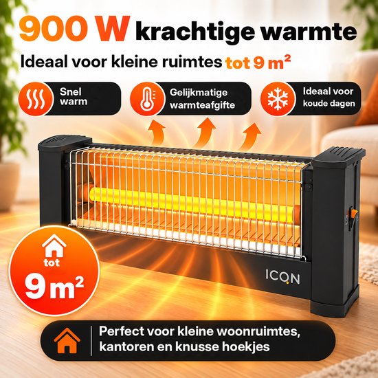 Krachtige 900W infraroodkachel voor kleine ruimtes, straalt warmte uit via een oranje halogeen element.