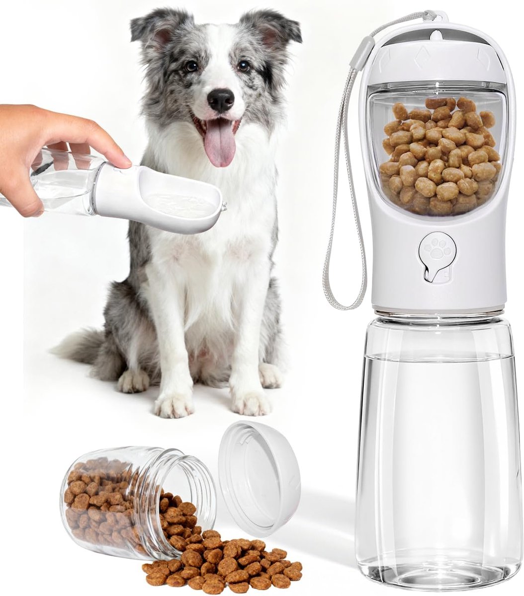 KZQ 2-in-1 Drinkfles Hond en Kat 550 ml Wit – Honden- en Katten Waterfles met Drinkbak en 100 g Voercontainer – Draagbare Reisfles voor Onderweg, Wandelen, Reizen en Buitenactiviteiten