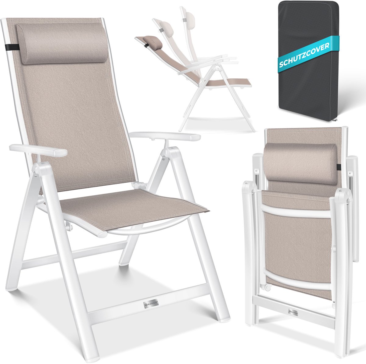 KESSER® Tuinstoel met hoge rugleuning - aluminium klapstoel - 7-voudig verstelbaar - taupe