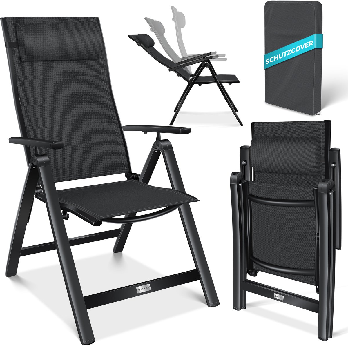 KESSER® Tuinstoel met hoge rugleuning en armleuningen | Aluminium opvouwbare stoel met kussen | Kampeerstoel met 7-voudig verstelbare rugleuning |