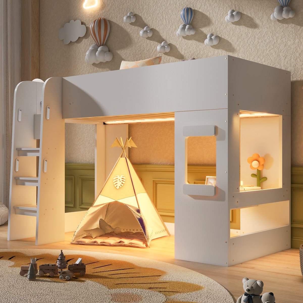 DESMIU Hoogslaper 90x200cm – LED-Verlichting En Bureau – Ladder Met Leuningen En Hoge Bedhekken – Voor Kinderen – MDF En Hout – Zonder Matras – Wit
