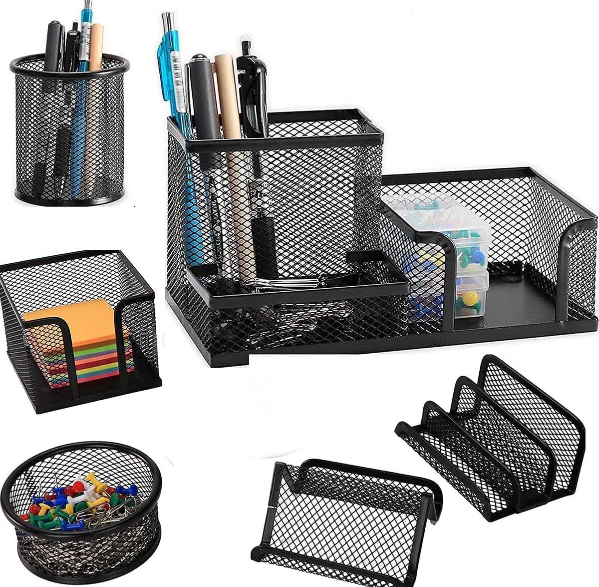 Set of 6 Metal Desk Organization Pens, Pen Holder, Organizer, Office Pens, Multi-Function Storage, Black Metal Grid - ShopVlot