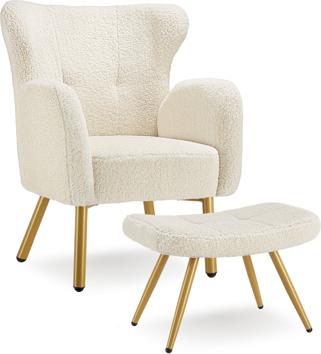 tectake® Fauteuil met Voetenbank – Bouclé Loungefauteuil met Dikke Vulling – Comfortabele Relaxstoel voor Woonkamer en Slaapkamer – Crème/Goud