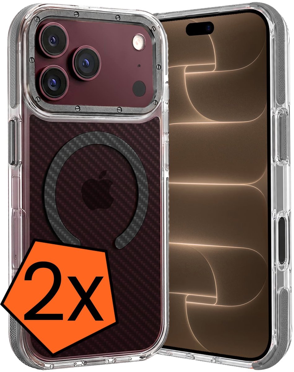 Hoes - 2 Stuks - Geschikt voor Apple iPhone 18 Pro Max - Magsafe Compatible - Carbon Look - Sterk & Shockproof - Back Cover - Shock Proof Case - Telefoon Hoes - Grijs