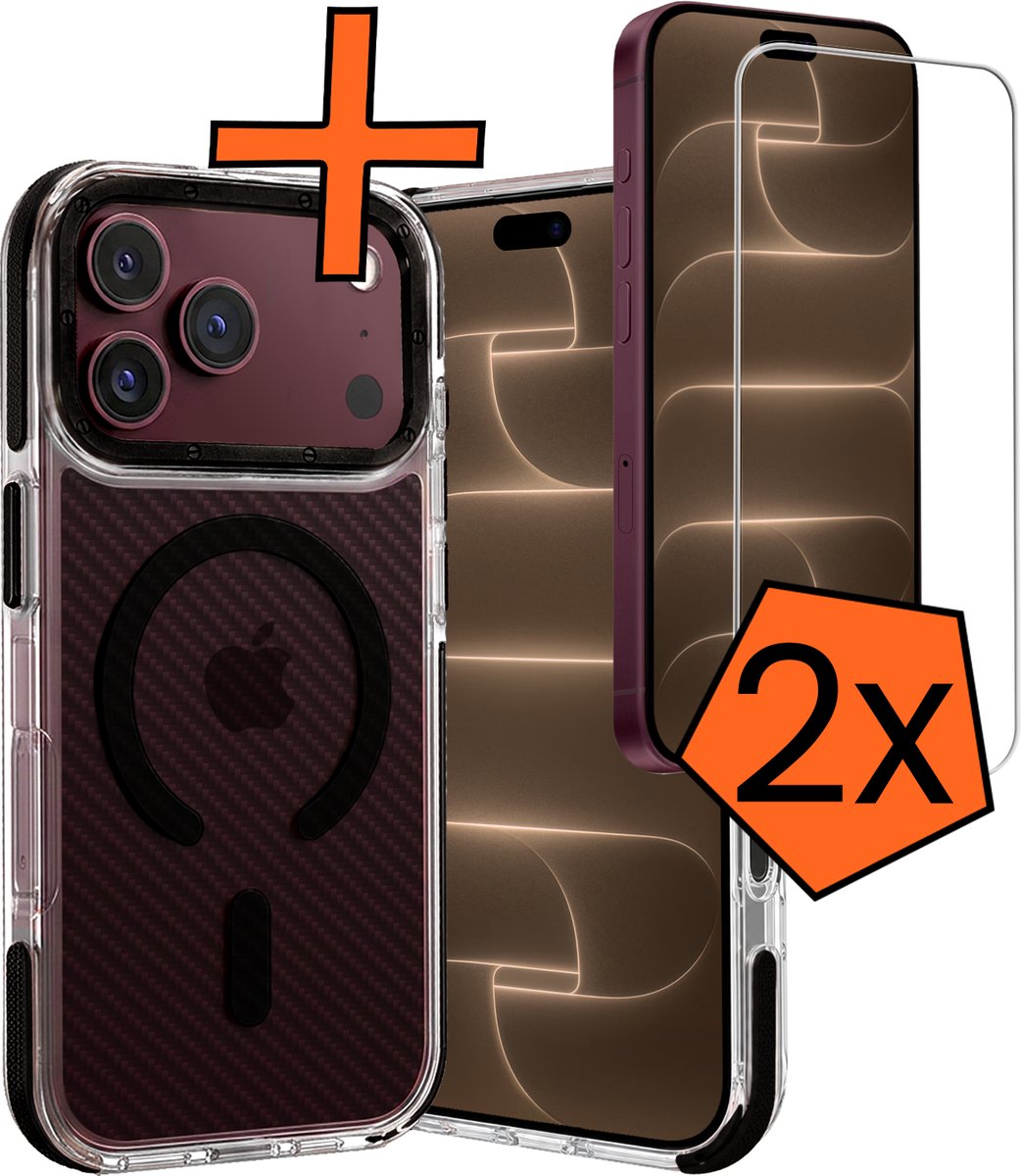 Hoes - Met 2x Screenprotector - Geschikt voor Apple iPhone 18 Pro Max - Magsafe Compatible - Carbon Look - Sterk & Shockproof - Back Cover - Shock Proof Case - Telefoon Hoes - Zwart