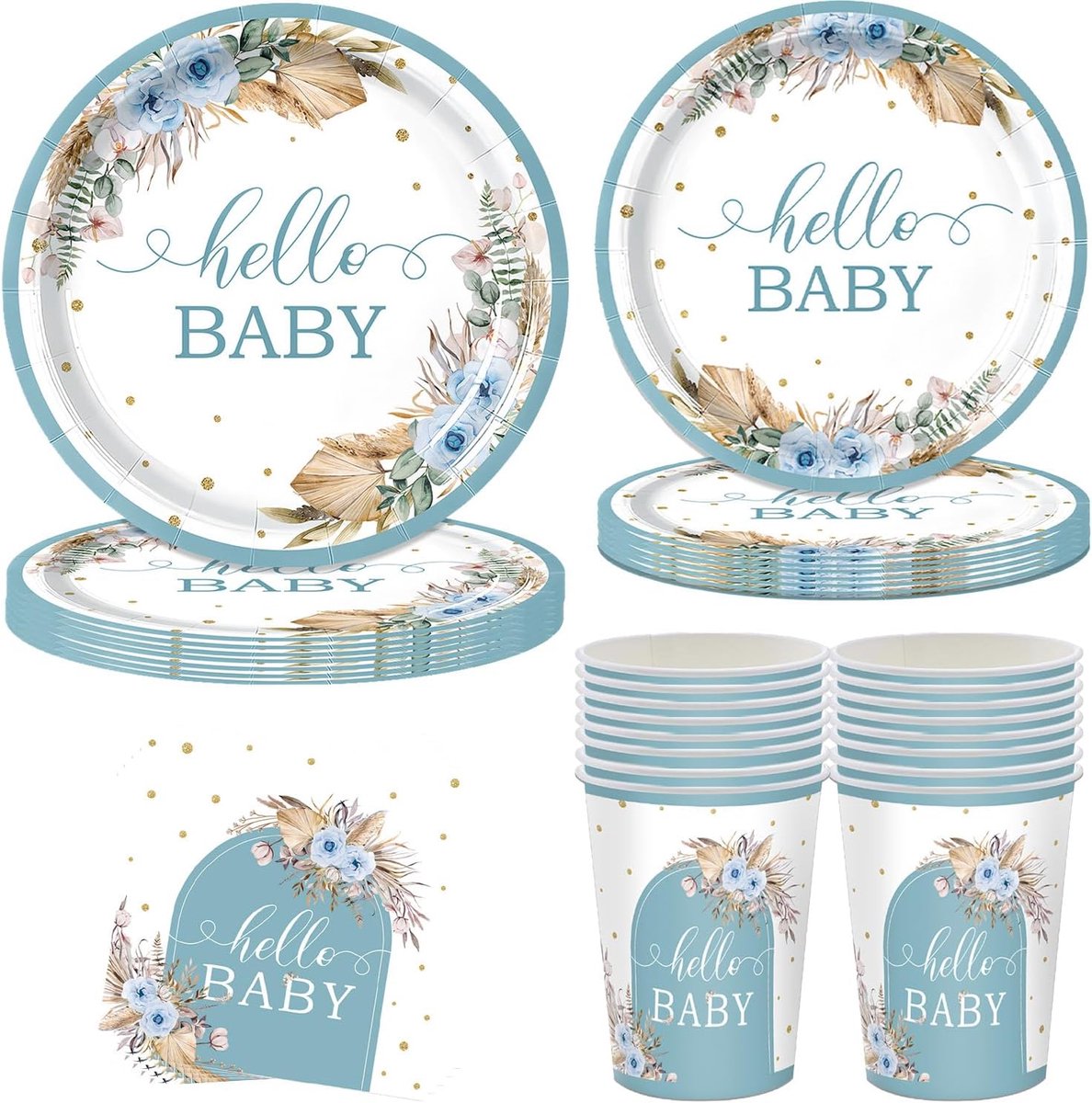 Set van 80 stuks serviesgoed voor babyfeestjes met bloementhema, in blauw witte kleuren, verjaardagsdecoratie, tafelkleed, papieren bekers, servetten, papieren borden, geschikt voor 20 gasten