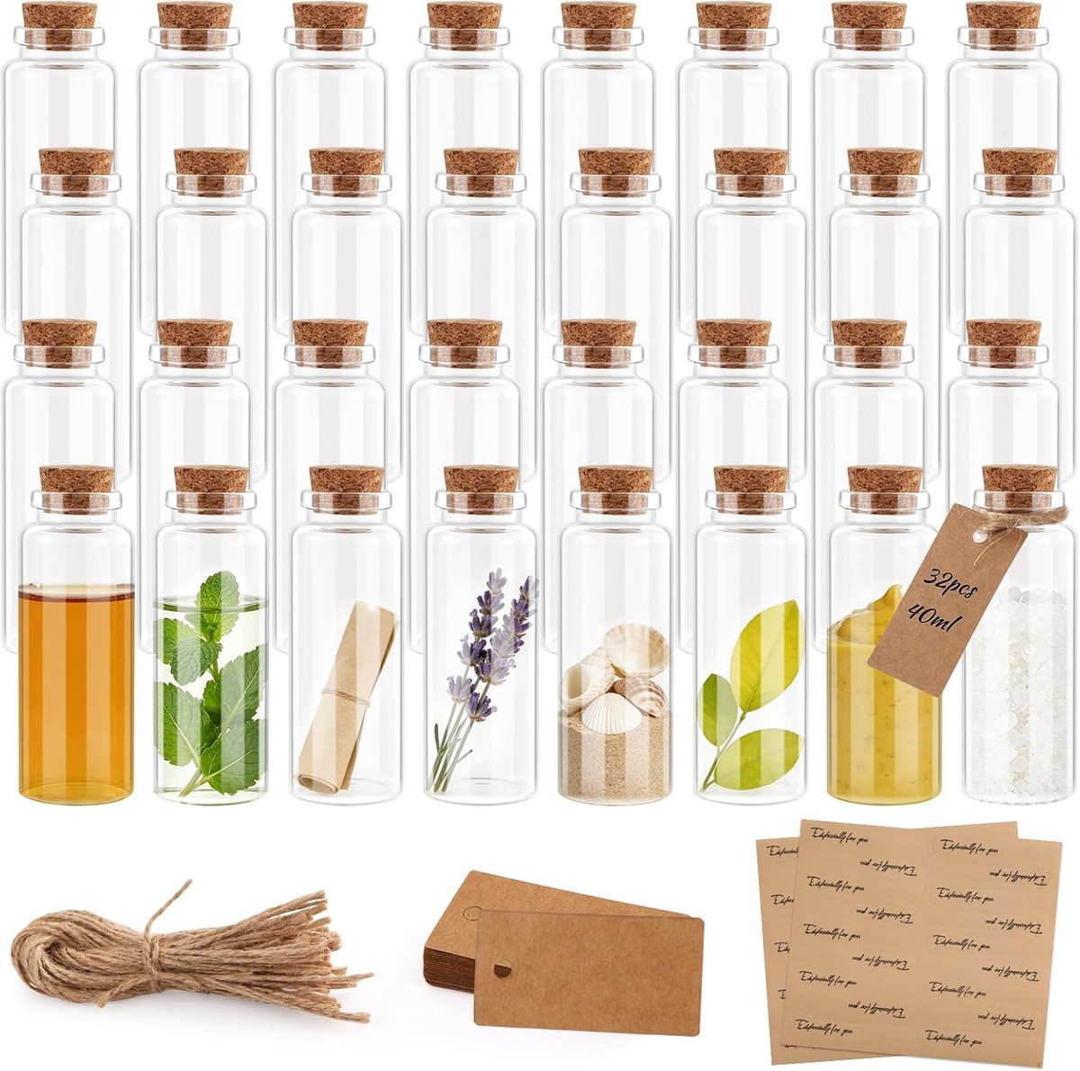 Flessen, gastgeschenken, 40 ml, mini-glazen flessen met kurksluiting, kleine glazen flessen voor specerijen, mini-glazen flessen voor doe-het-zelf decoratie, feest