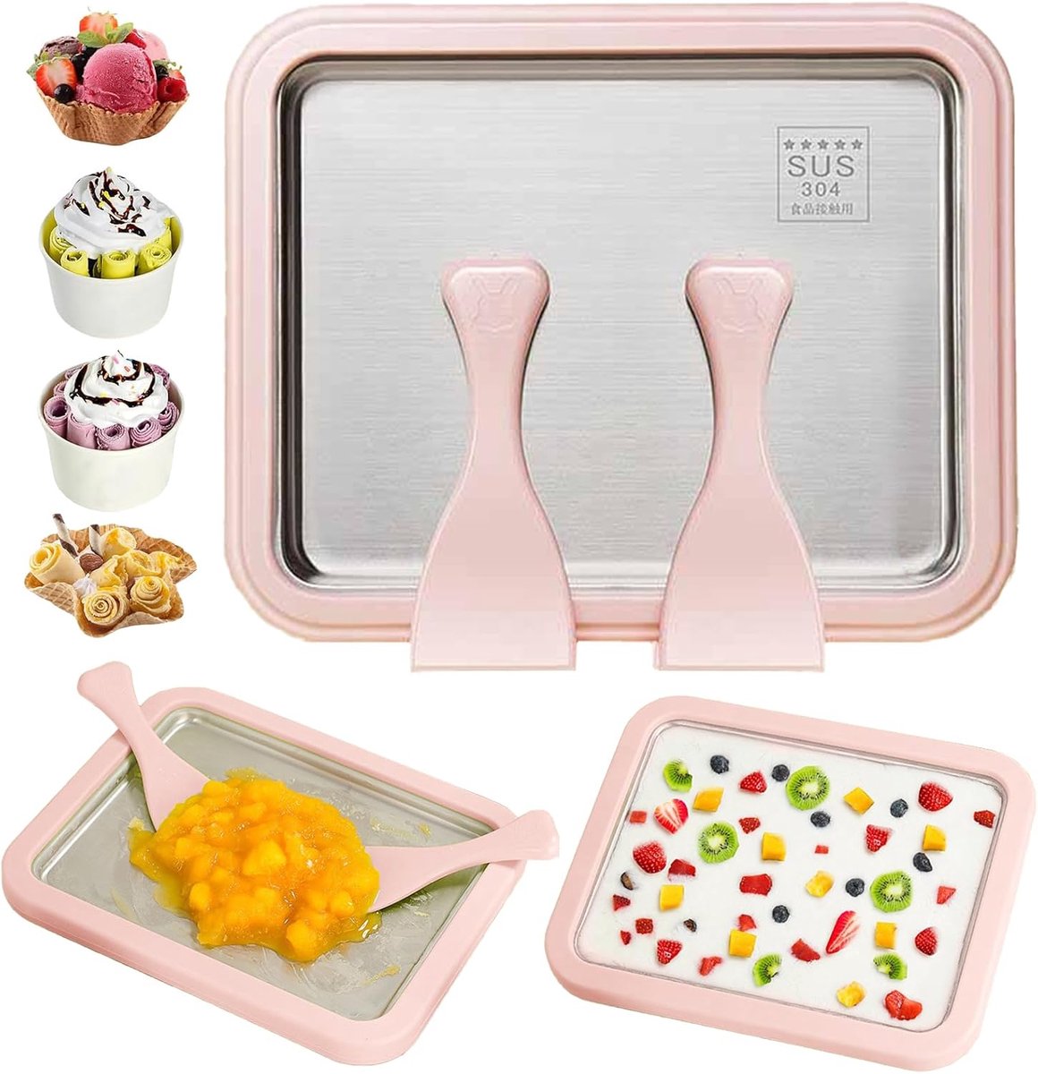 Maker Set met 2 Spatels, Instant IJsmachine, DIY IJsrol Pan voor Volwassenen en Kinderen, Zelfgemaakt Gerold IJs, Bevroren Yoghurt, Gelato, Sorbet Maken (Roze, 22,5 * 17,5 CM)