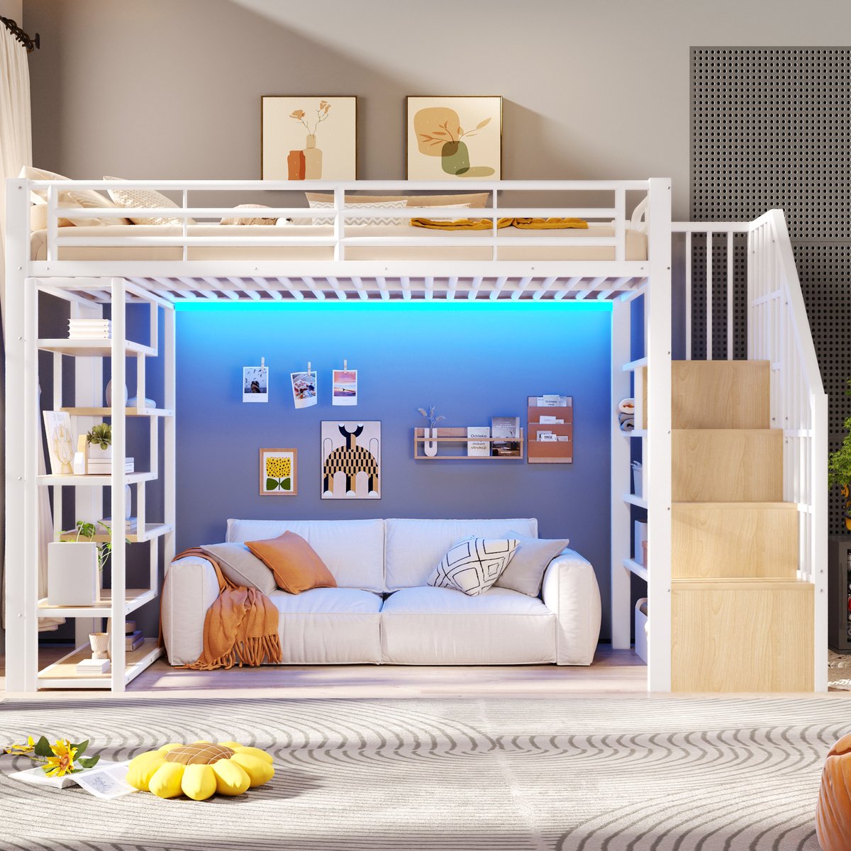 VVBV Hoogslaper 90x200 – Wit – Metalen Hoogslaper met Opbergruimte, Legplanken, Ladder, Trap, Uitvalbeveiliging en LED-Verlichting