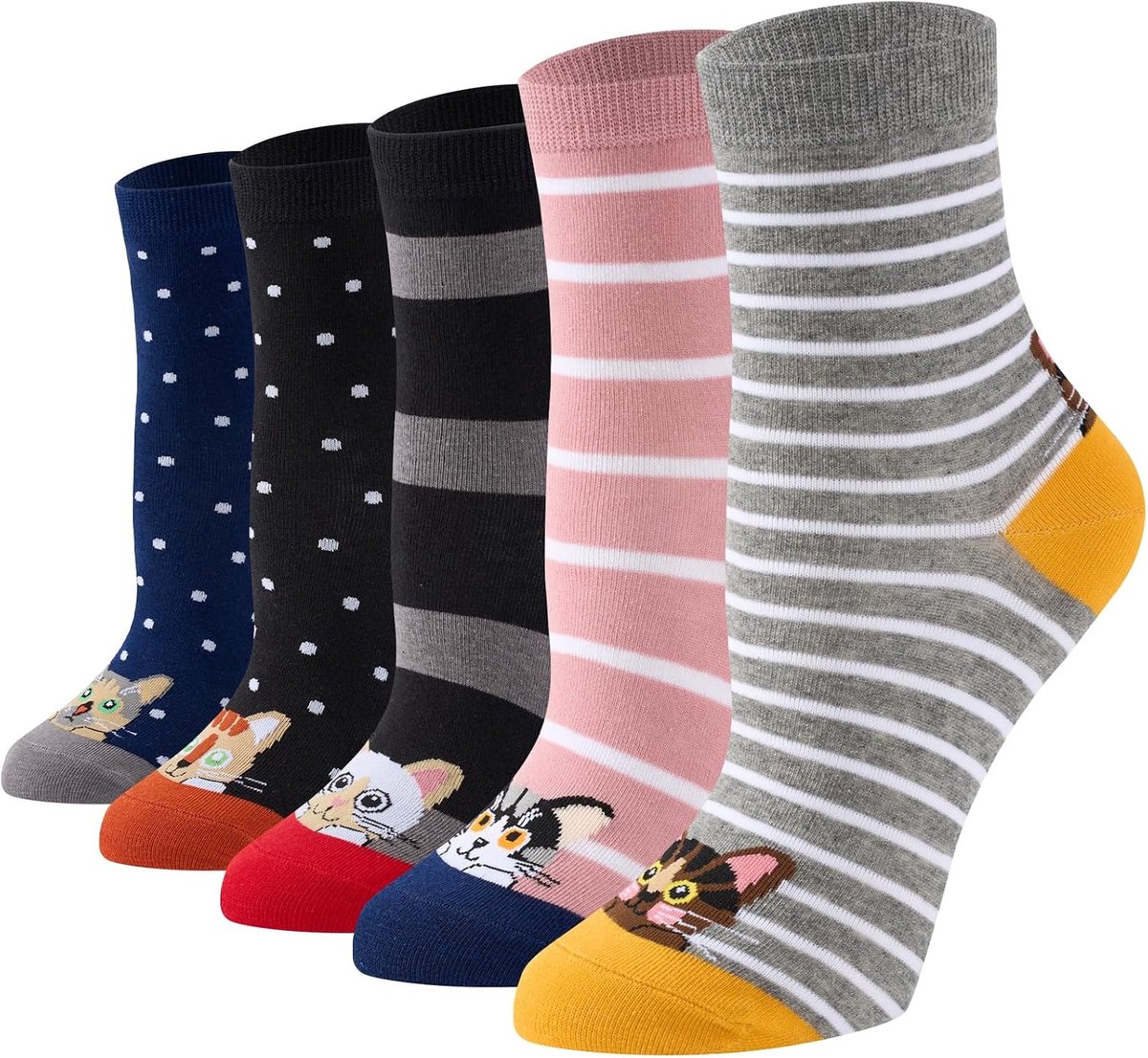 Sokken voor dames, kleurrijke kattensokken, 5 paar, maat