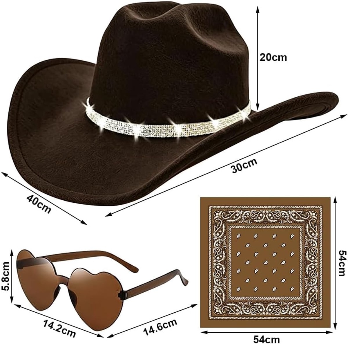 Cowboyhoed voor dames, westerse cowboyhoed voor dames, cowgirlhoed met bril en bandana, cowboyhoed voor fancy dress party, accessoire, voor cosplay, carnaval, feest