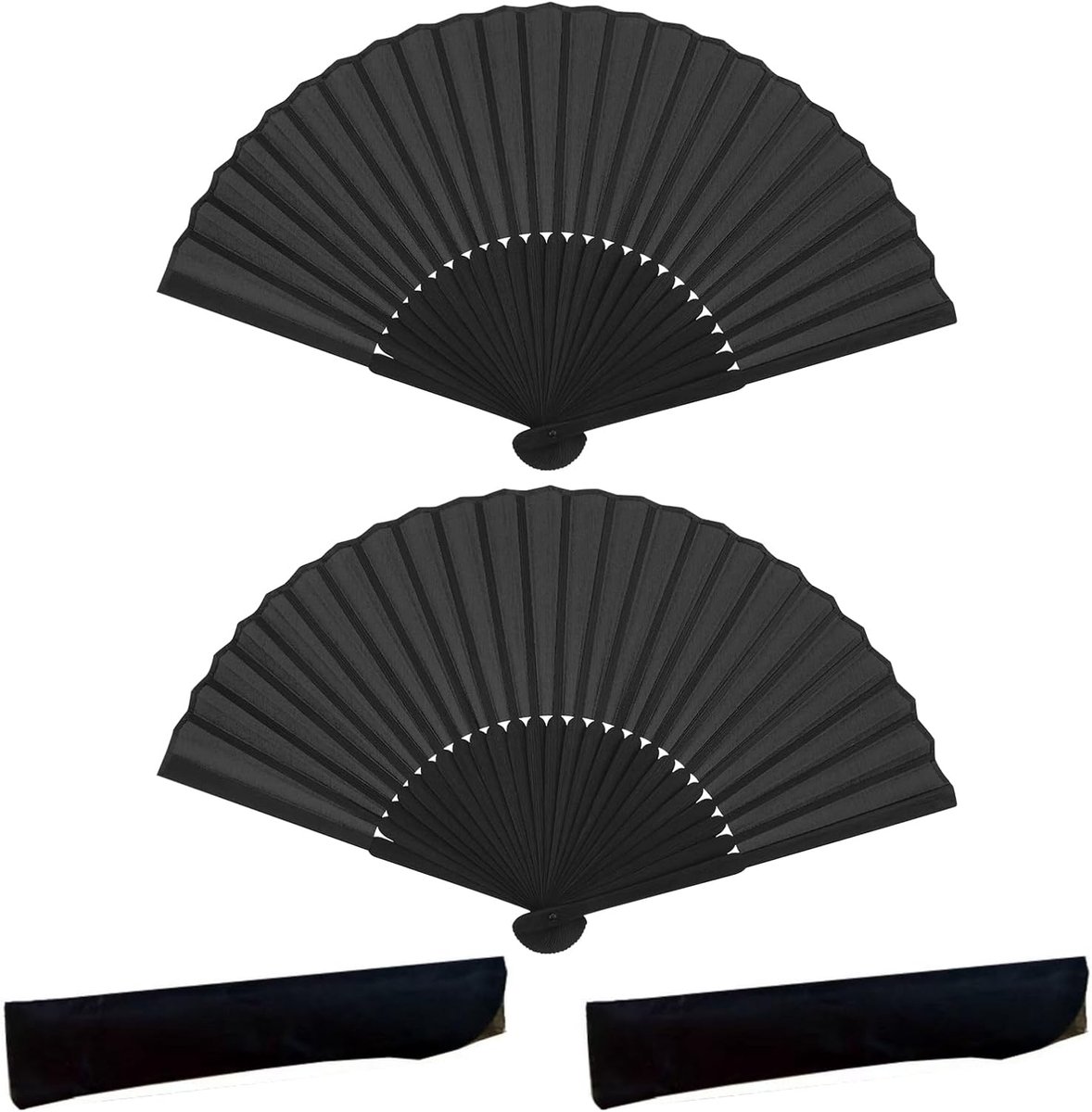 Set van 2 zwarte zijden handventilatoren, Chinese vouwventilatoren voor bruiloft, dansen, optredens, huisdecoratie, met opbergzakje