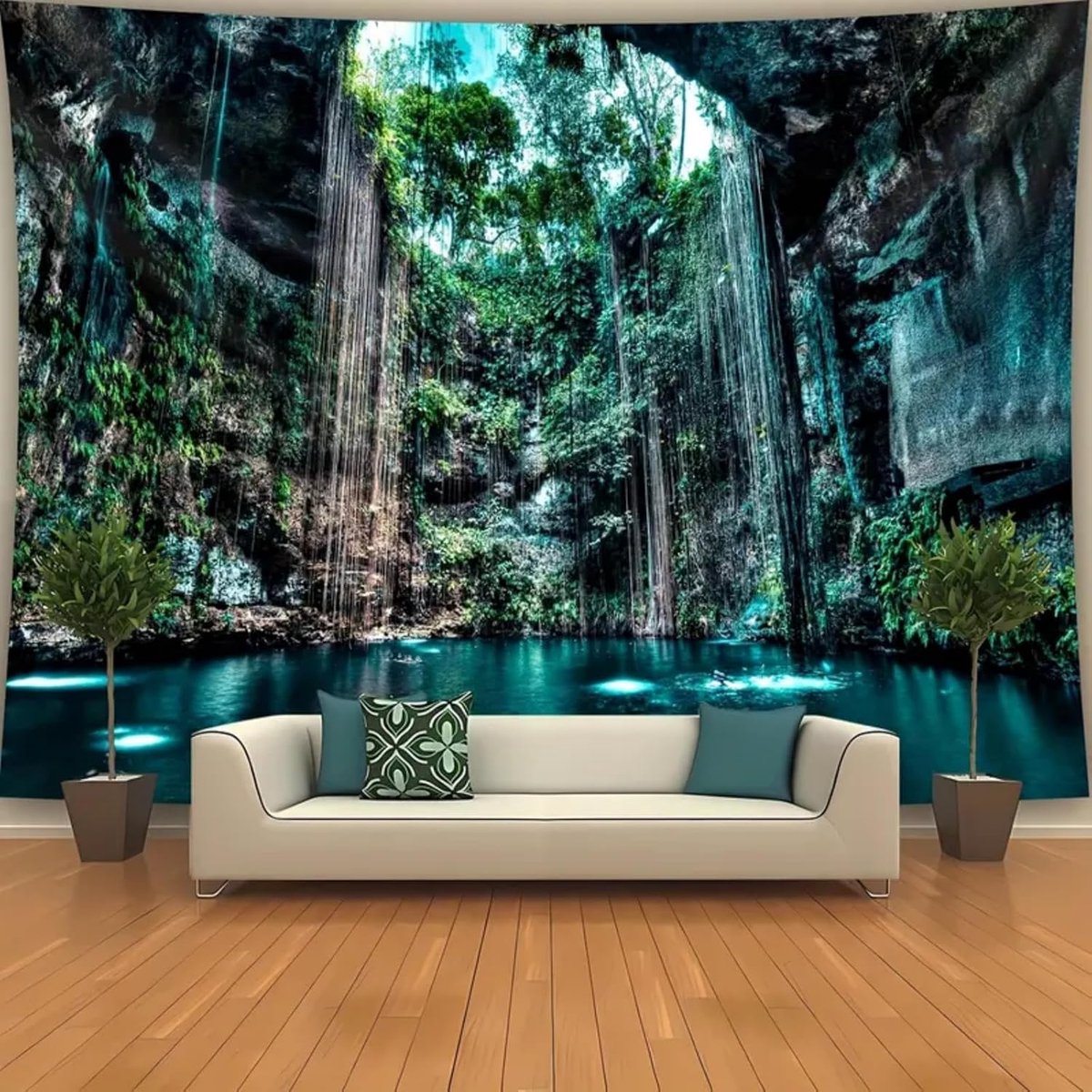 Arey Tropische Waterval Wandtapijt Holle Natuur Zwembad Landschap Fotoachtergrond Wandtapijten - Decoratieve hangende Wanddoek, Groen, 150 x 130 cm