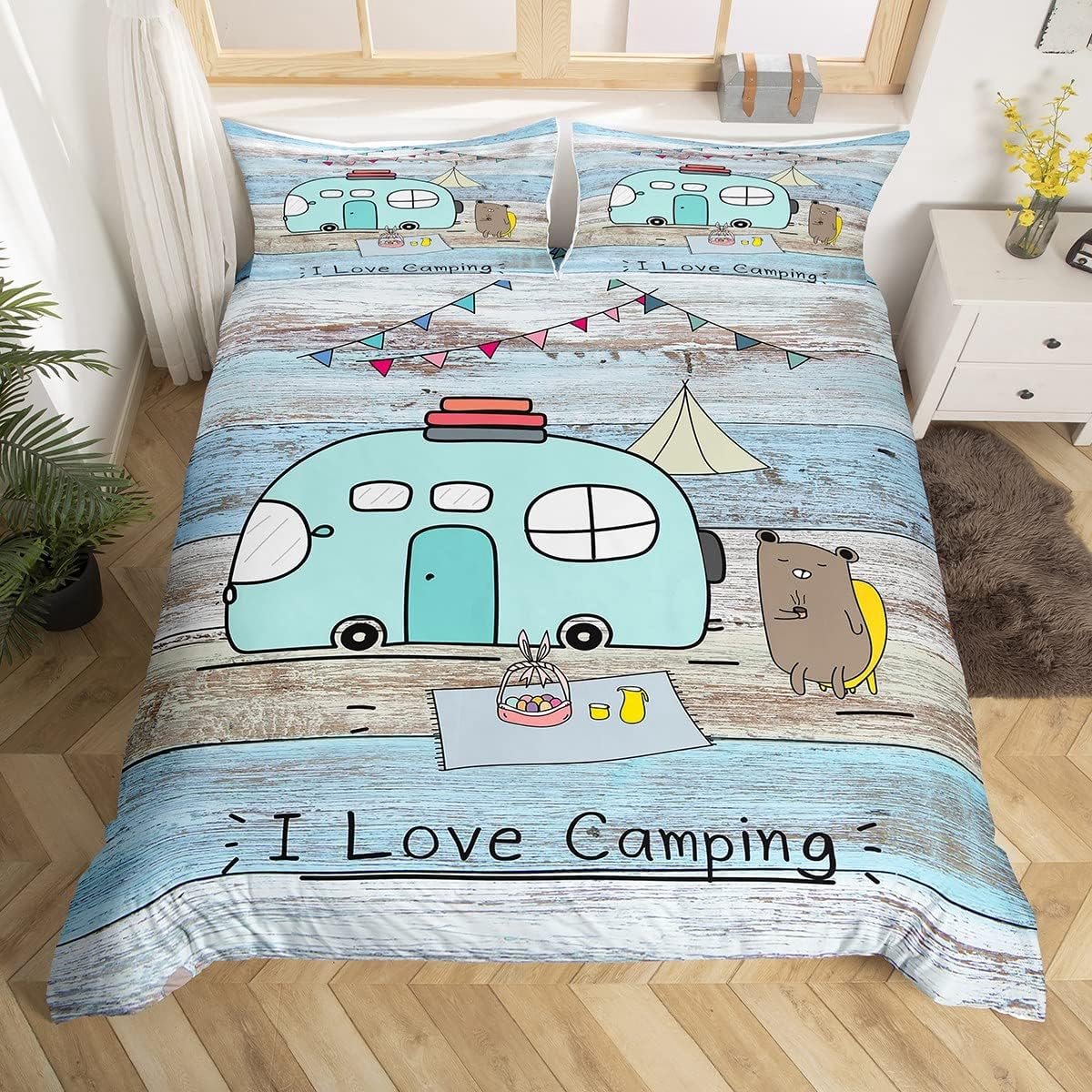 Beddengoedset met cartoonbeer, mooie set van 135 x 200 cm, blauwe schuurpoort in landelijke stijl, beddenset voor kinderen, jongens, meisjes, tieners, 2 stuks, ritssluiting, microvezel